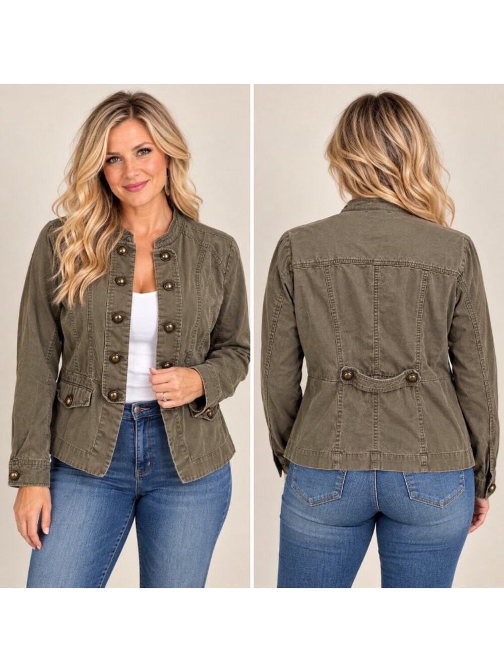 Torrid Twill Stretch Peplum Jacket Brown Khaki Military Jacket Size 1 XL